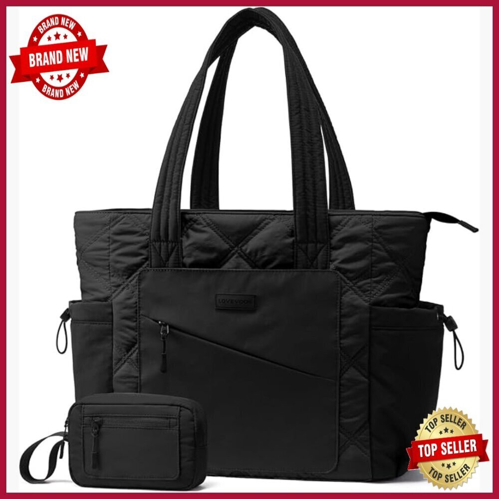Lightweight Quilted Tote Bag with Luggage Strap, 17.3 Inch Laptop Compartment